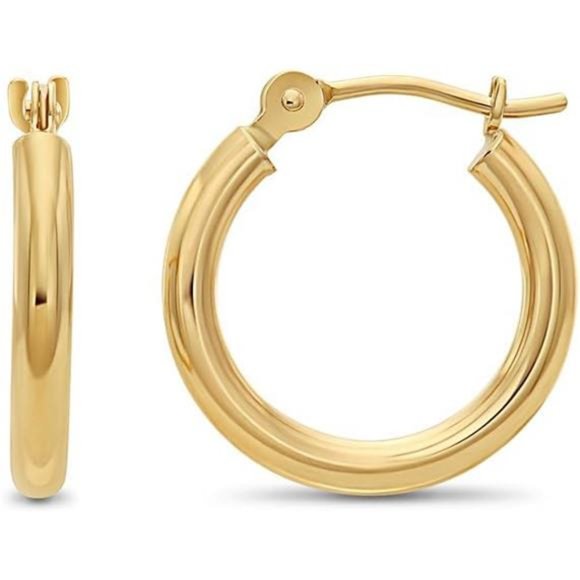 14k Yellow Gold Classic Shiny Polished Round Hoop Earrings, 2mm tube Men - Picture 2 of 2